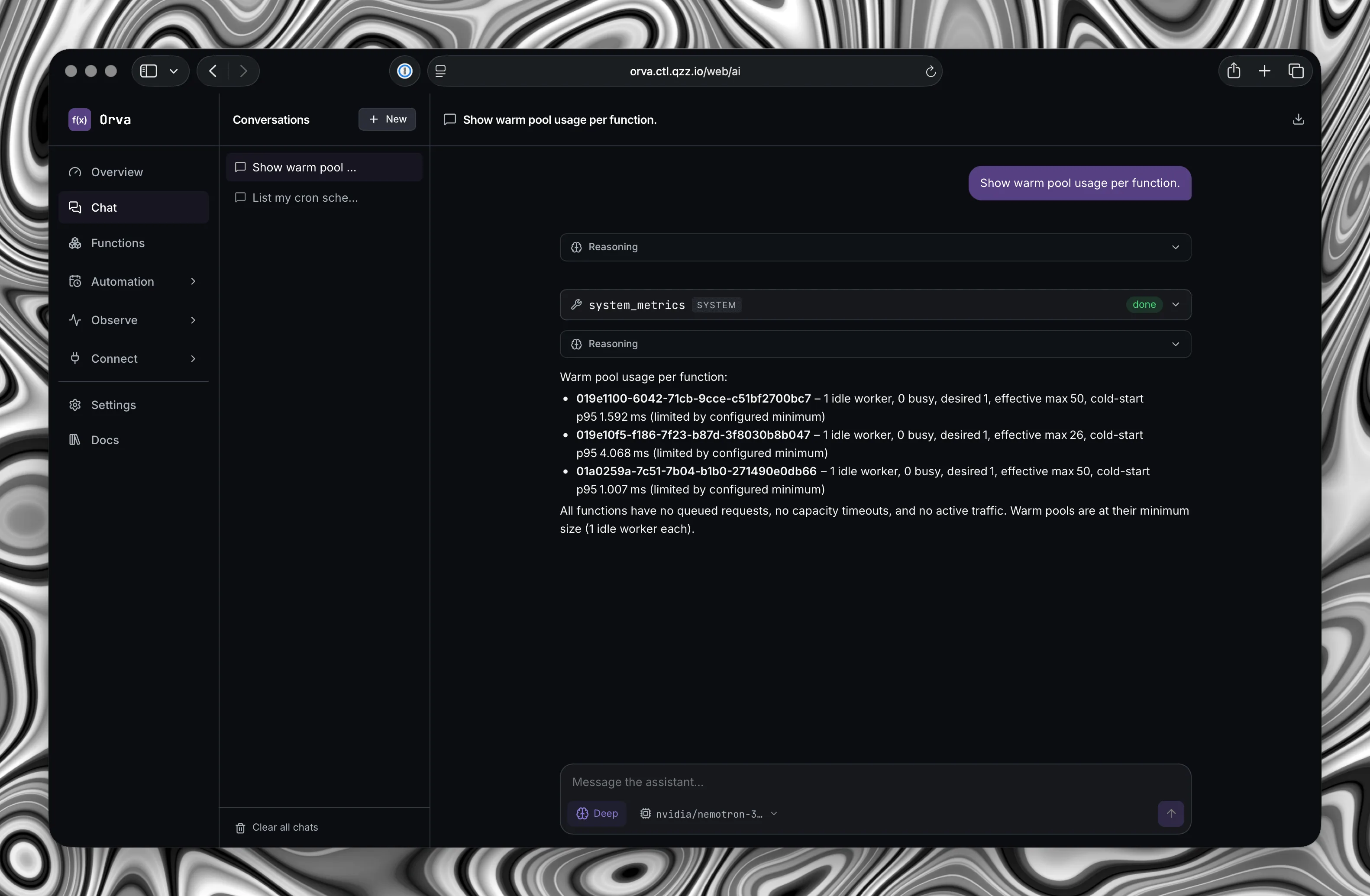 The Orva chat assistant answering a question about warm pool usage per function by calling the system metrics tool.