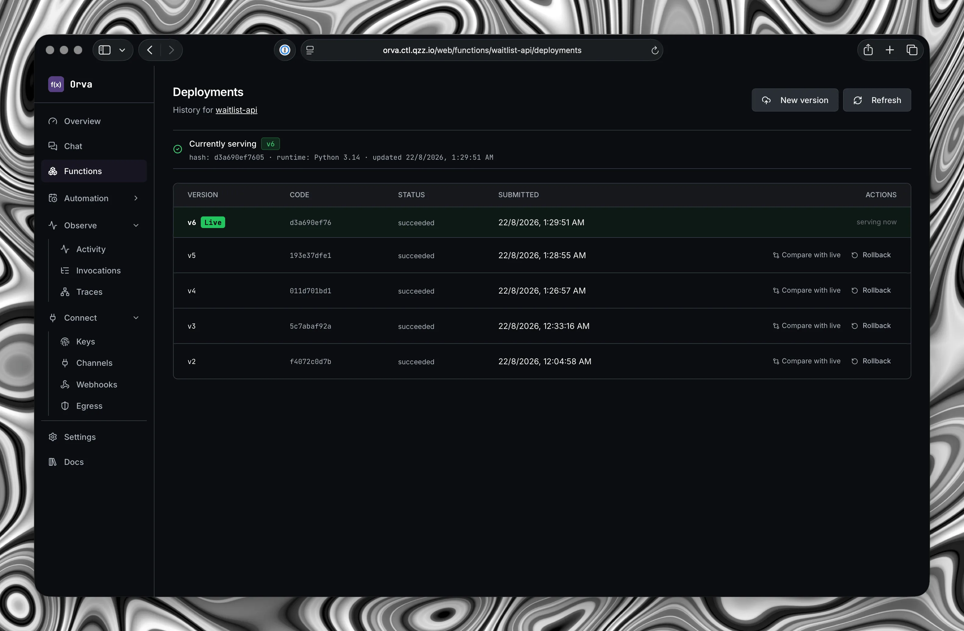 The Orva deployments view showing version history for a function with the live version marked and rollback available per version.