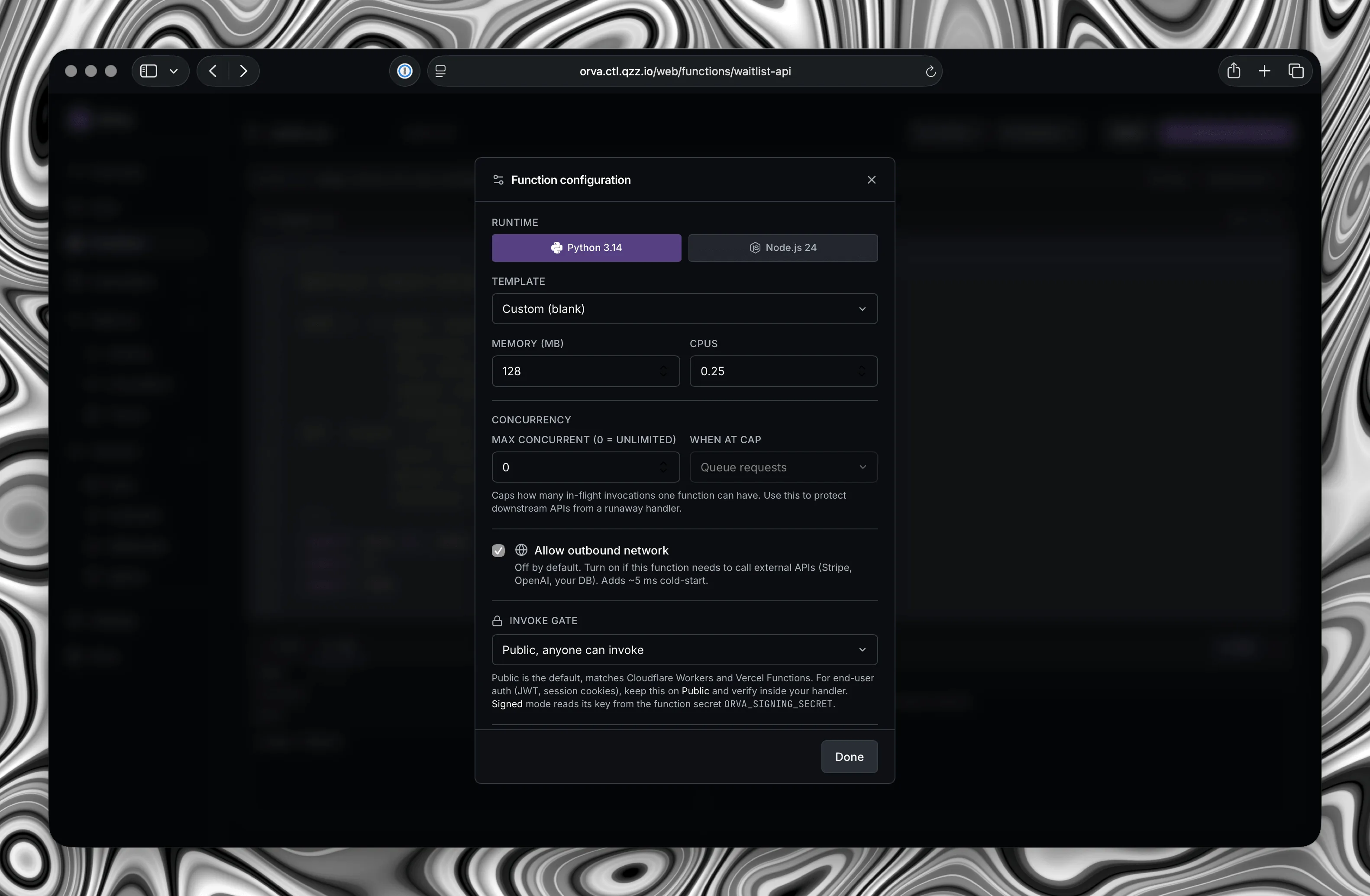 The Orva function configuration dialog showing runtime, memory, CPU, concurrency, the outbound network toggle and the invoke gate.