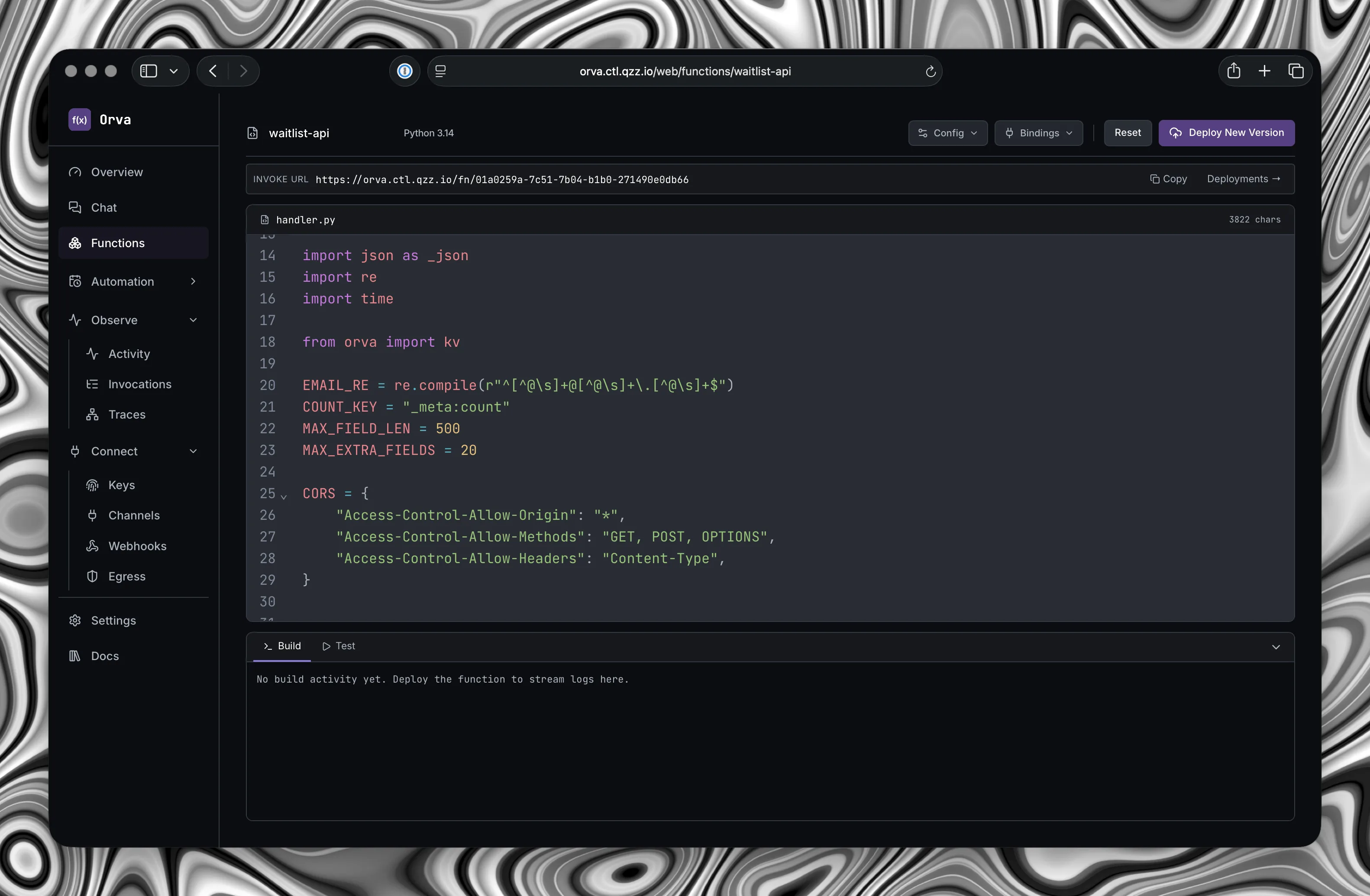The Orva function editor showing a Python handler that imports kv from the orva SDK, with a build and test panel below.