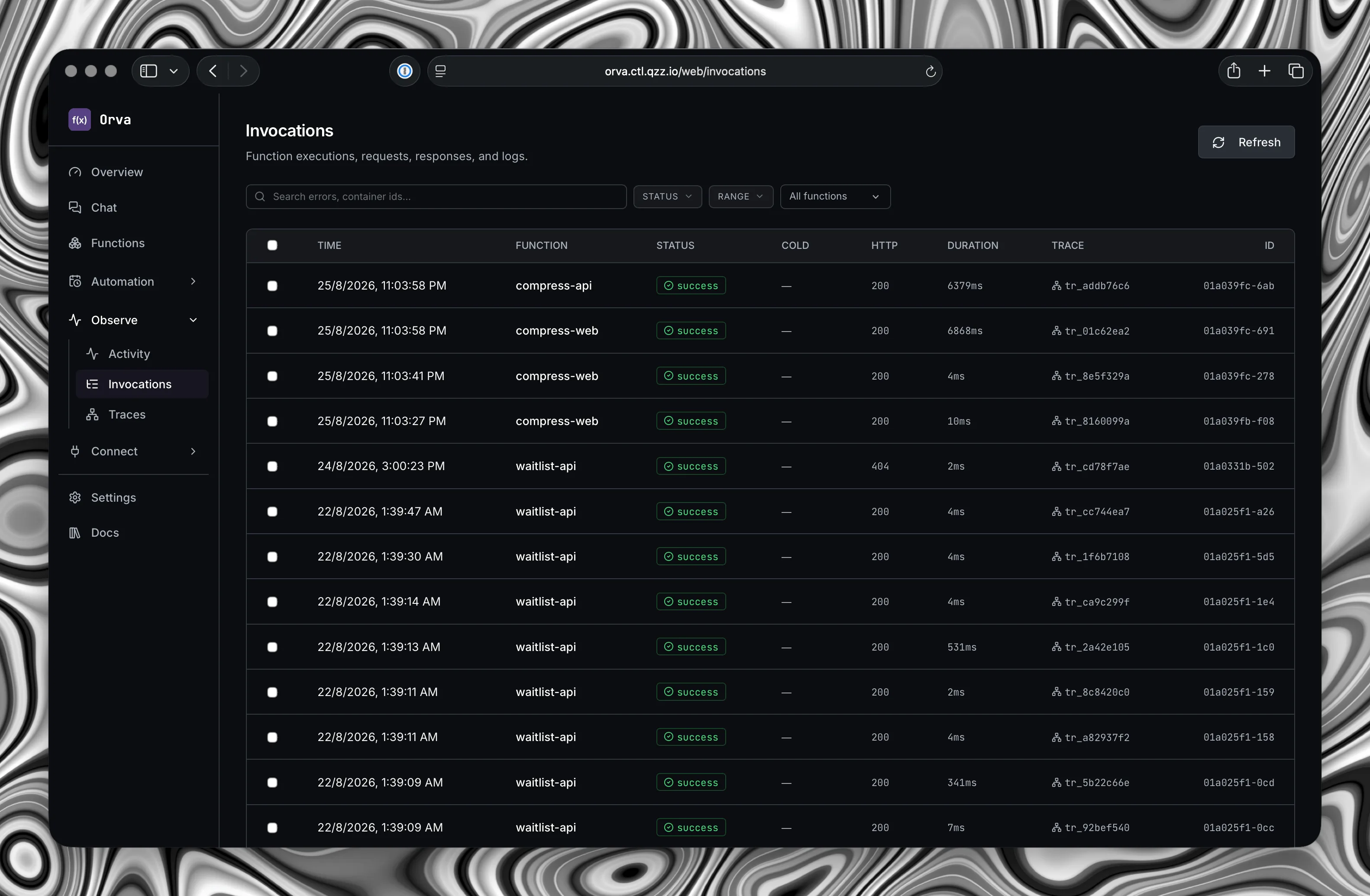The Orva invocations view listing executions with function name, status, cold-start flag, HTTP code, duration and trace ID.